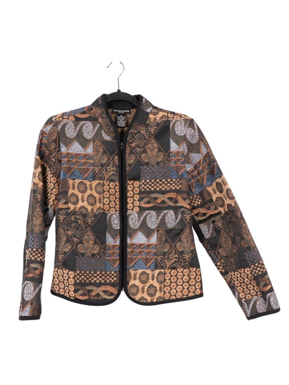 Molly & Maxx Tapestry Blazer Jacket S Petite PS Womens Patchwork Brown Blue Zip